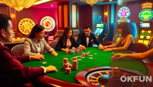 Experience the thrill of Trang Chủ OKFUN with players immersed in an exciting poker game.