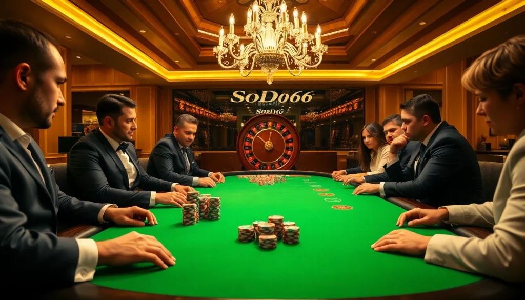 SODO66 players enjoying an exciting poker game at a luxurious casino table with vibrant chips.