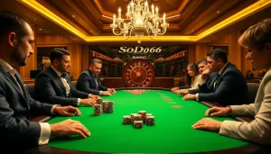 SODO66 players enjoying an exciting poker game at a luxurious casino table with vibrant chips.