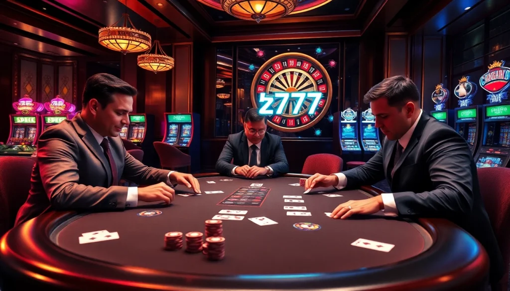 Players engaging in a thrilling poker game with 5z777 signage in a luxurious casino setting.