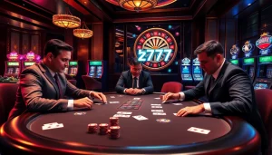 Players engaging in a thrilling poker game with 5z777 signage in a luxurious casino setting.