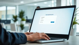Set up a temp mail gmail account in a sleek digital workspace, emphasizing productivity.