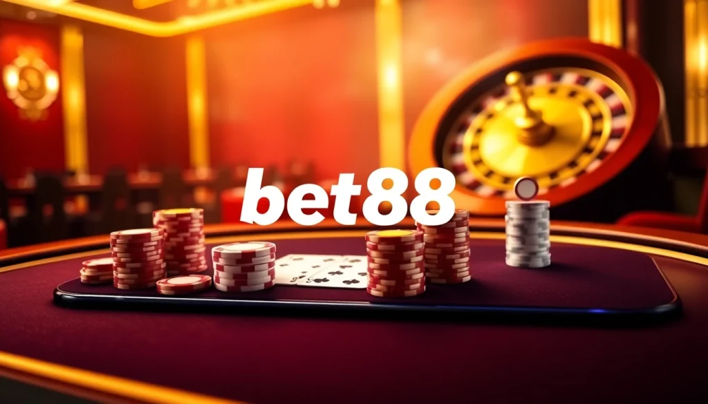 Engage with the Bet88 đăng nhập portal on a luxurious virtual casino table, displaying cards and chips.