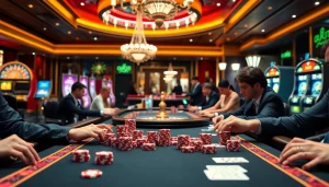 Gaming excitement at nhà cái i9bet with a luxurious casino setup featuring poker, roulette, and slot machines.