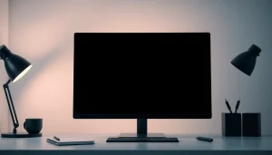 Workspace with a schermo nero on a sleek monitor, promoting focus and minimalism.