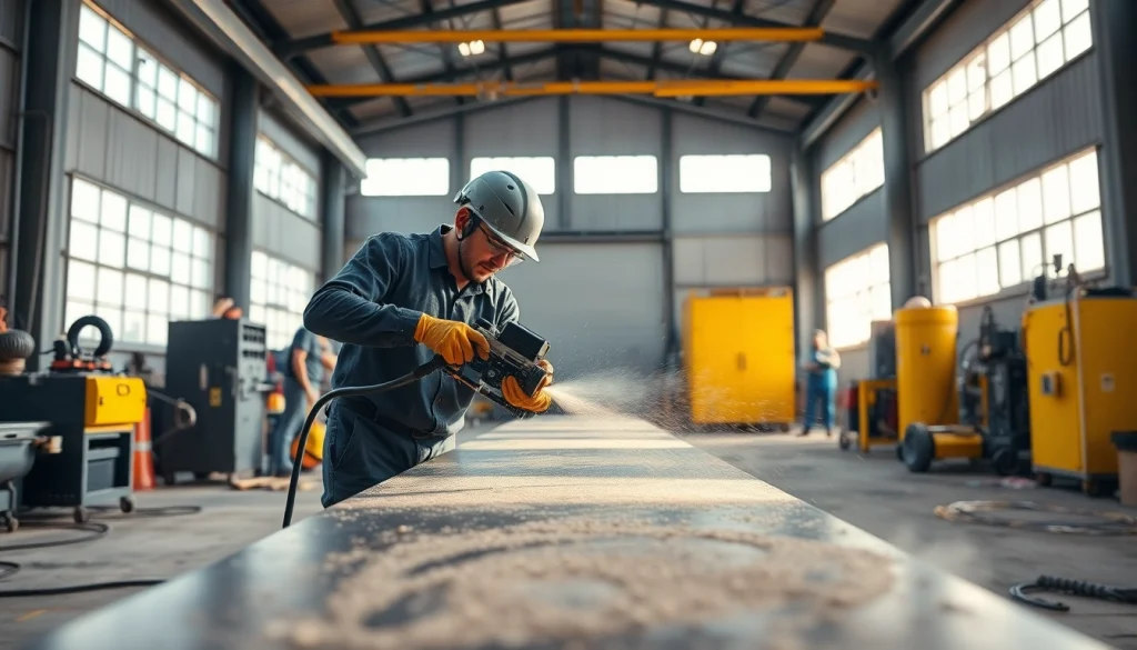 Expert sand blasting near Bozeman, MT with a technician in a workshop.