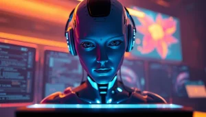 Immersive NSFW AI character in a futuristic virtual environment with digital art.