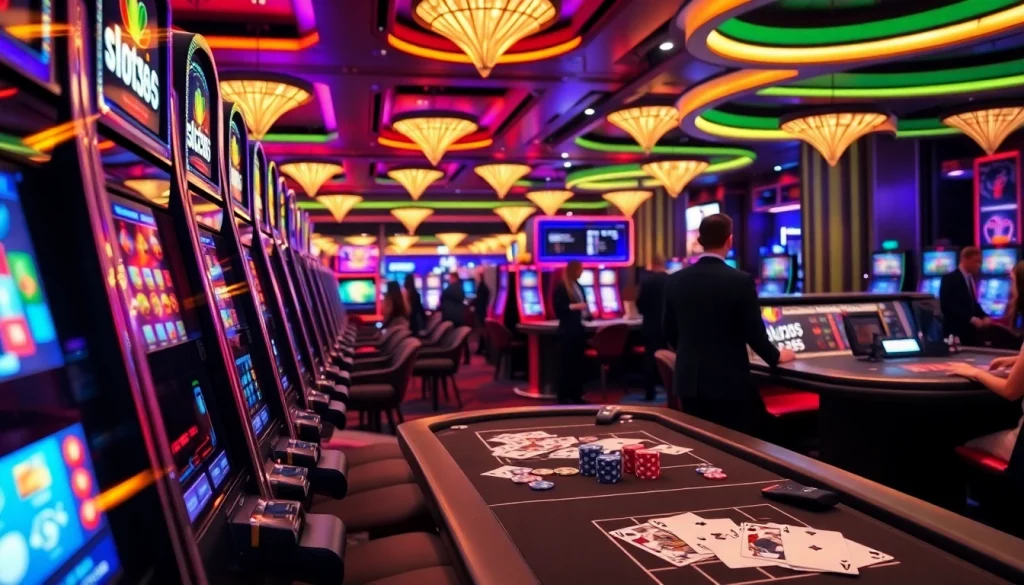 Engaging players at slot365 slot machines in a vibrant casino atmosphere with colorful lights.