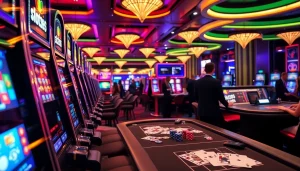 Engaging players at slot365 slot machines in a vibrant casino atmosphere with colorful lights.
