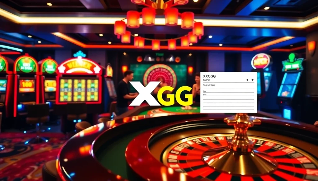 Players enjoying a thrilling game of poker at XXGG Casino, with vibrant slot machines in the background.