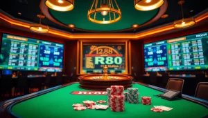 Experience thrilling gameplay at the RR88 casino table, filled with cards, chips, and roulette.