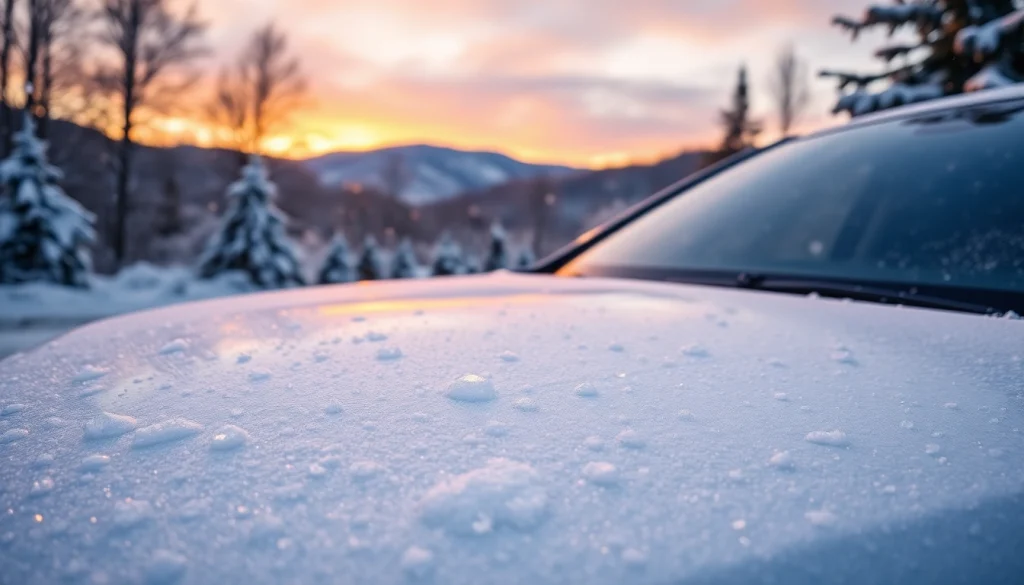 Ensure winter car protection Chattanooga with a glowing car covered in wax amidst falling snow.