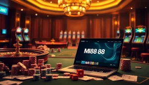 Experience thrilling online gameplay with MM88's vibrant casino interface showcasing chips and slot machines.
