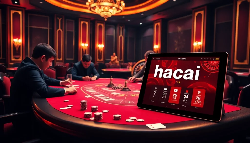 Experience thrilling bets at keonhacai with a luxurious casino scene featuring poker gameplay.