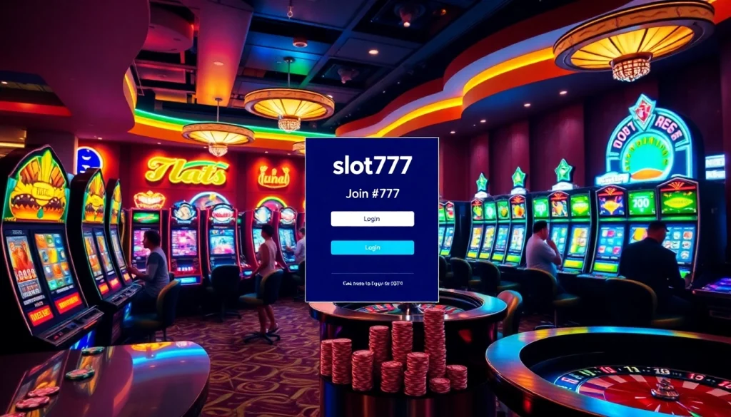 Excited gamblers engaged at slot machines and the 'slot777 login' interface on display.