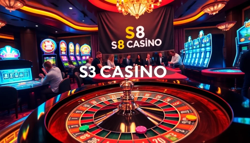 Exciting gambling scene featuring S8 Casino logo, vibrant roulette wheel, and poker chips.