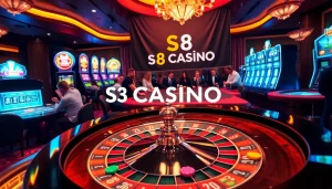 Exciting gambling scene featuring S8 Casino logo, vibrant roulette wheel, and poker chips.