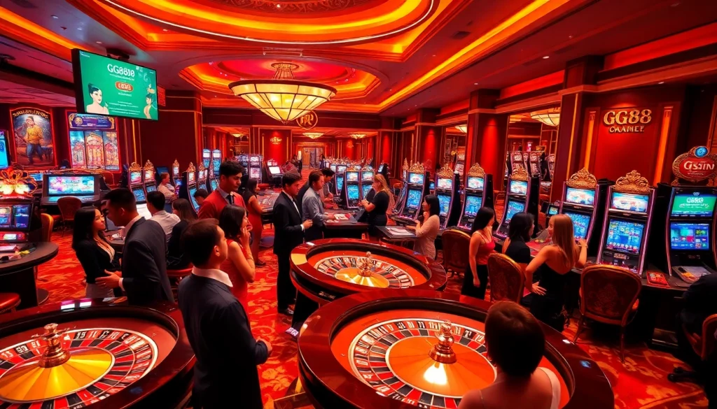 Excited gamblers enjoying games at GG88's luxurious online casino environment.