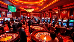 Excited gamblers enjoying games at GG88's luxurious online casino environment.