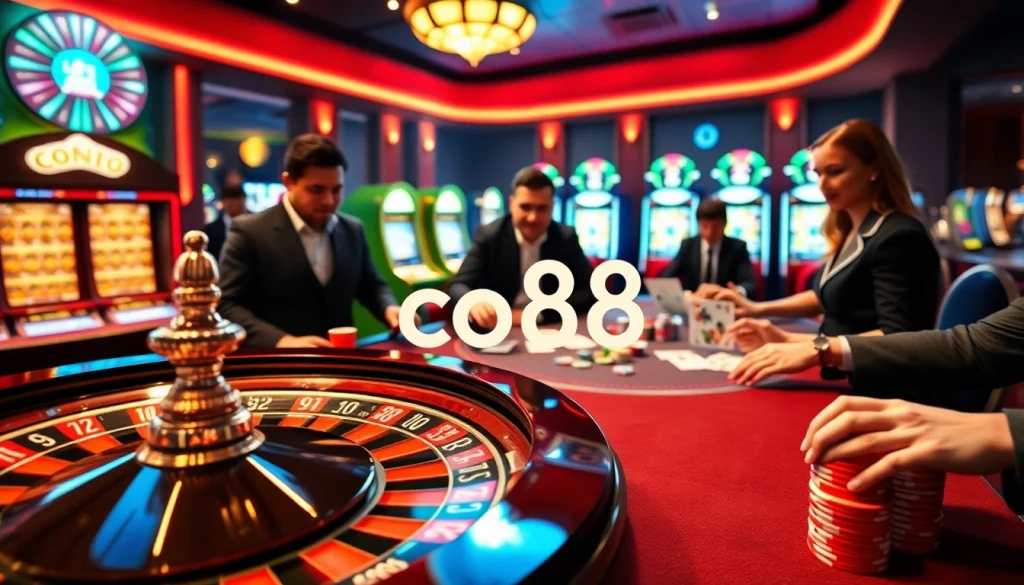 Players enjoying the thrill of gambling at co88 casino with vibrant slot machines and engaging poker action.