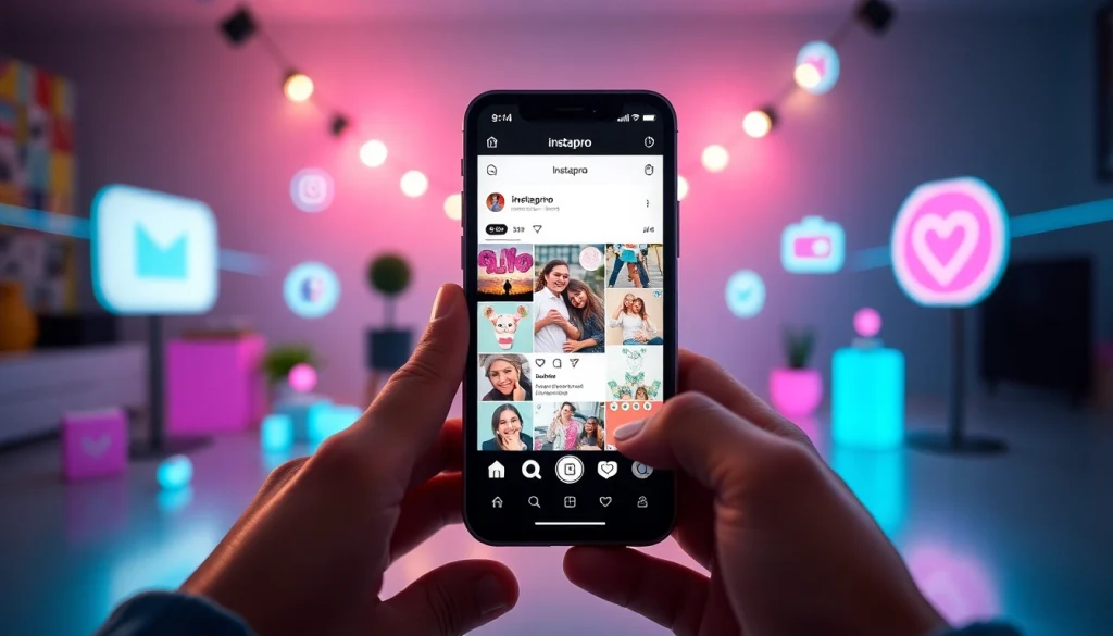 Instapro app interface on a smartphone with vibrant social media elements, showcasing user-friendly features.