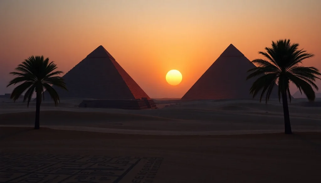 Pyraminds in Egypt standing against a twilight sky, showcasing ancient hieroglyphics.