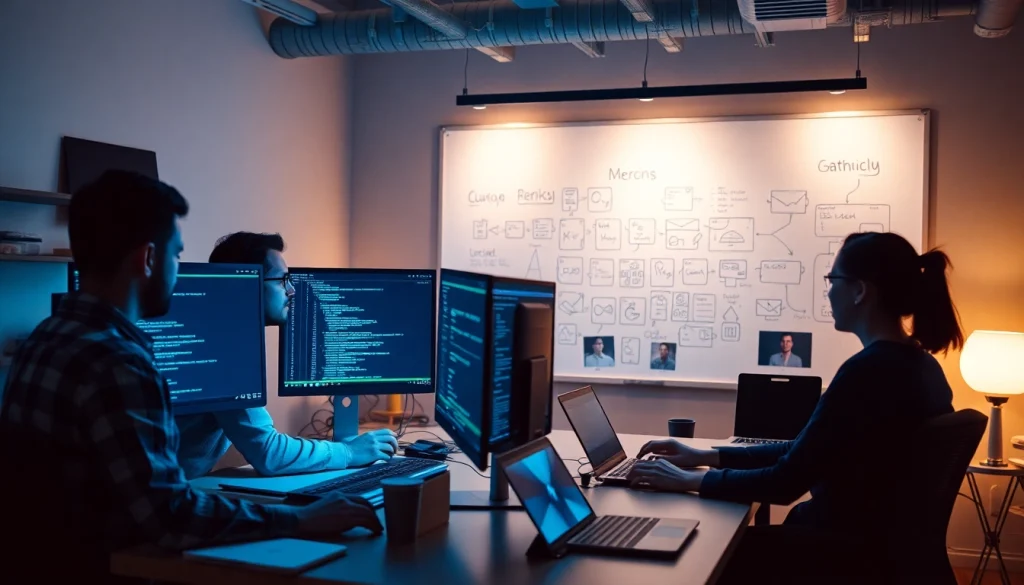 Software engineering team collaborating on innovative applications in a modern workspace.