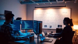 Software engineering team collaborating on innovative applications in a modern workspace.