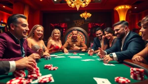 Exciting casino scene with TT88 poker table, players, and roulette wheel showing intense gambling action.
