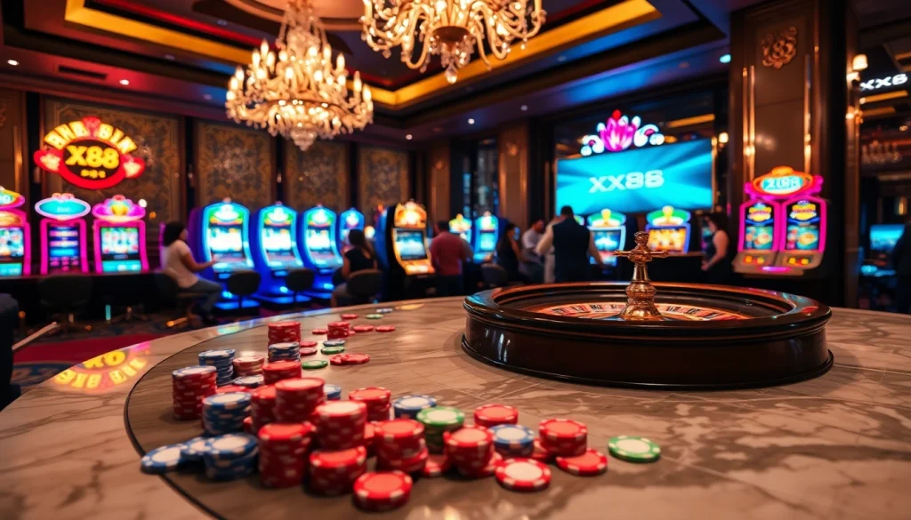 X88-themed casino table with vibrant chips and cards amidst a luxurious setting.