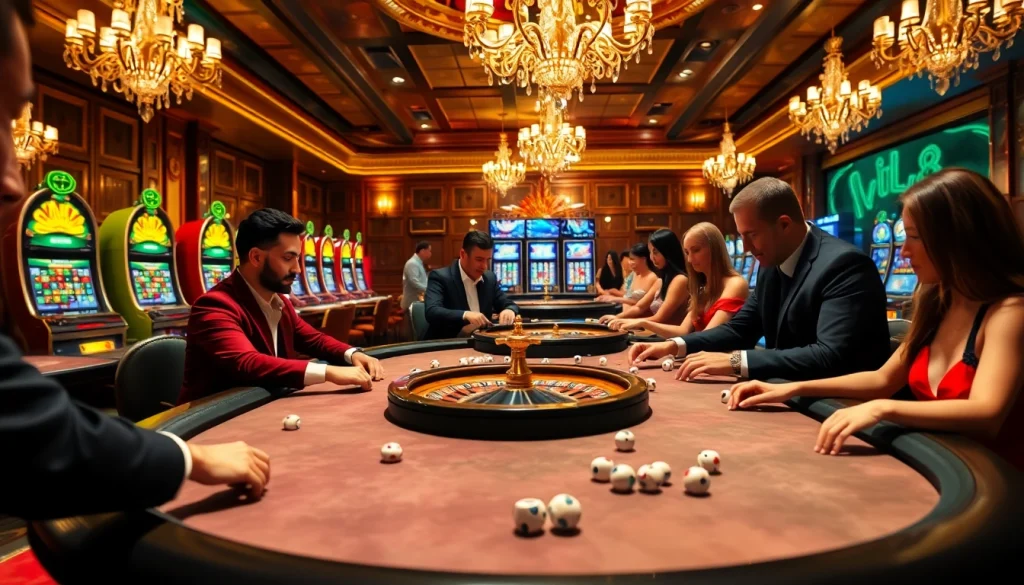 Experience the excitement of high-stakes gambling at vn168 casino tables with poker chips and rolling dice.