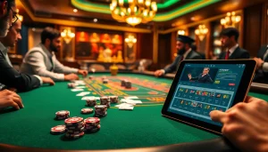 Splay of vibrant poker chips in an intense sbobet betting scene conducted at an elegant casino table.