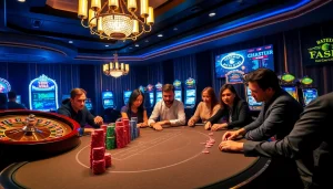 Players engage in an exciting game at a luxurious poker table, showcasing the thrill of https://lc88.jpn.com/.