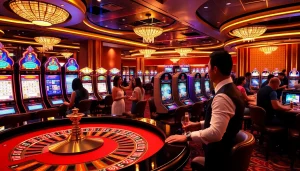 Exciting casino scene showcasing a roulette table and slot machines at the kjc website.