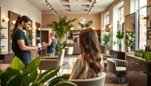 Aveda salon San Diego interior showcasing a skilled stylist giving a woman a complimentary haircut with highlights.