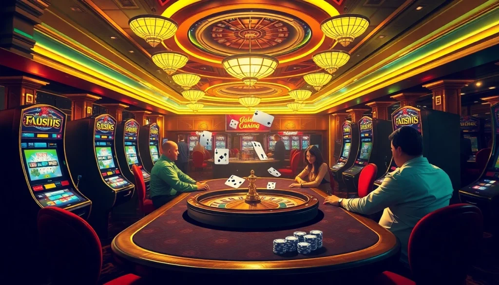 Gamblers experience excitement at FLY88.deal, engaging in poker and roulette under luxurious casino lights.