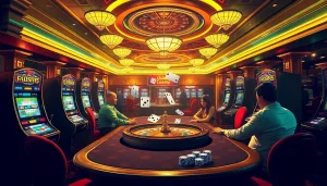Gamblers experience excitement at FLY88.deal, engaging in poker and roulette under luxurious casino lights.