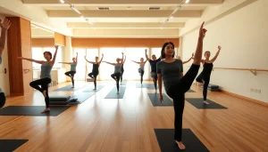 台東区の明るいスタジオでピラティスを実践する人々。コミュニティとフィットネスを体現する場面。