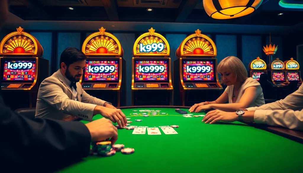 Experience the excitement of k9k9 with players enjoying a luxury casino atmosphere at a blackjack table.