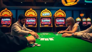Experience the excitement of k9k9 with players enjoying a luxury casino atmosphere at a blackjack table.