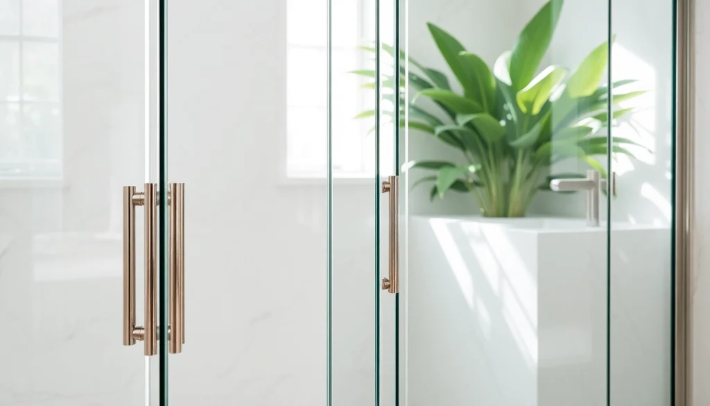 Modern bathroom featuring glass shower doors with sleek design and polished handles.