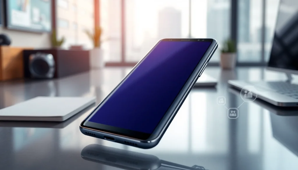 The Samsung Galaxy S8 displayed with a vibrant edge-to-edge screen in a modern tech environment, highlighting its premium features.