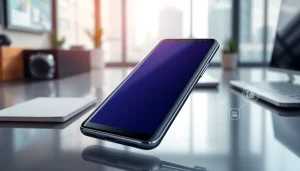 The Samsung Galaxy S8 displayed with a vibrant edge-to-edge screen in a modern tech environment, highlighting its premium features.