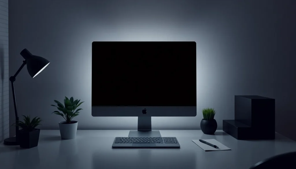 Black screen (schermo nero) displayed on a minimalist workspace promoting focus and concentration.