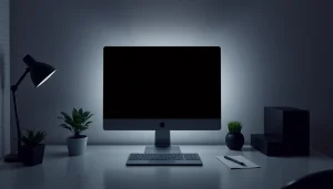 Black screen (schermo nero) displayed on a minimalist workspace promoting focus and concentration.