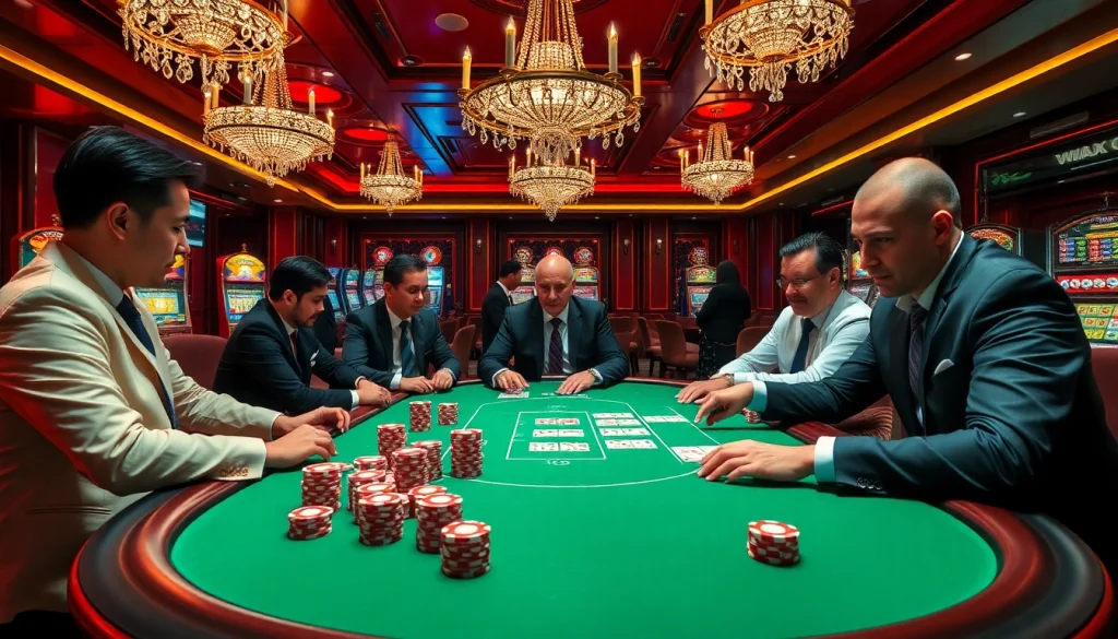 Players enjoy a high-stakes poker game at vmaxgame.net casino, showcasing an exciting atmosphere.