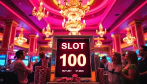 Menangkan besar dengan slot bet 100 di kasino yang seru, menampilkan mesin berwarna cerah dan pemain yang bersemangat.