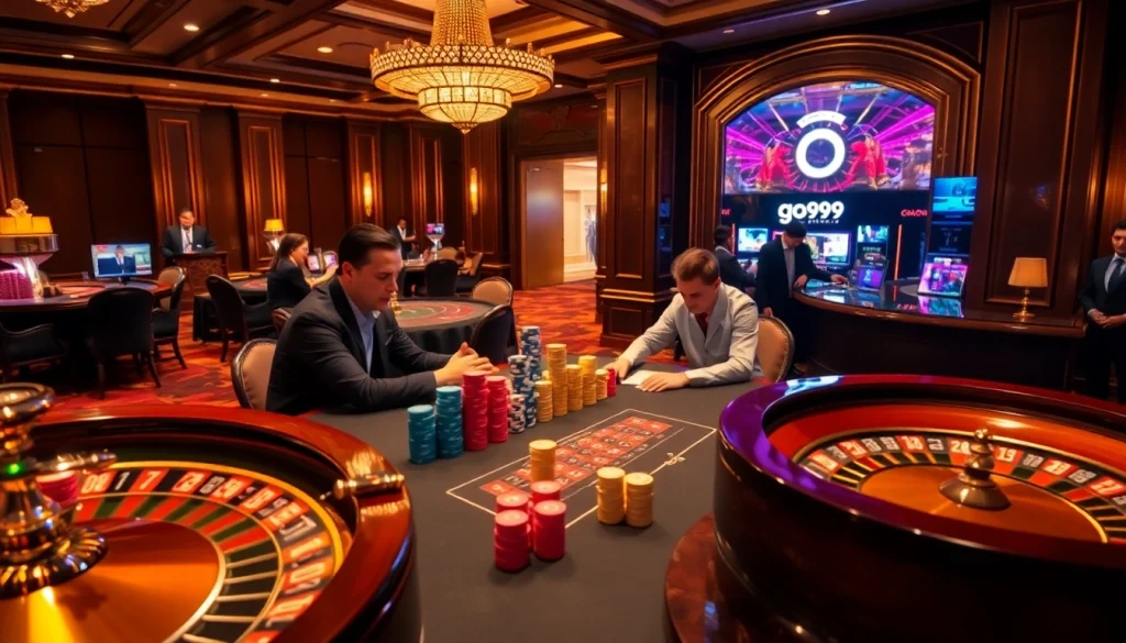 Players enjoying poker at an elegant casino, inspired by https://go99.observer/ with vibrant game atmosphere.