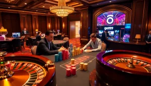 Players enjoying poker at an elegant casino, inspired by https://go99.observer/ with vibrant game atmosphere.