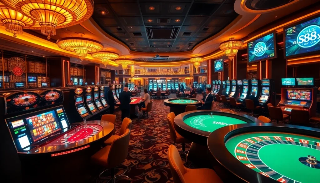 S88vip casino scene featuring luxury slot machines, poker tables, and roulette wheels in a vibrant atmosphere.